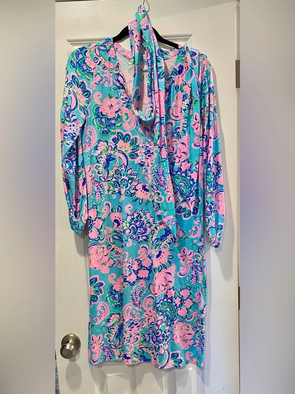 Lilly Pulitzer Vibrant Floral Paisley Tie-Neck Dress in Aqua & Pink